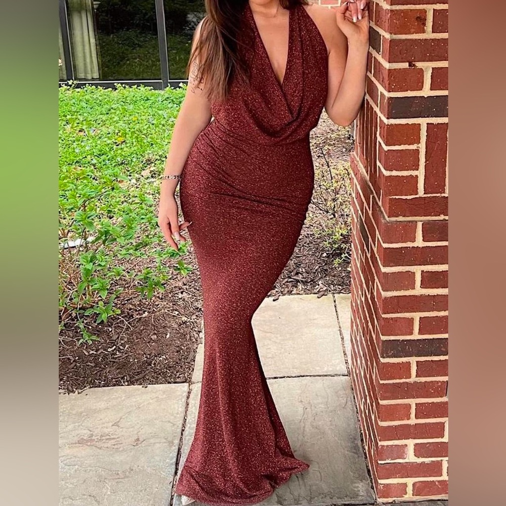 Brown cowl-neck evening gown